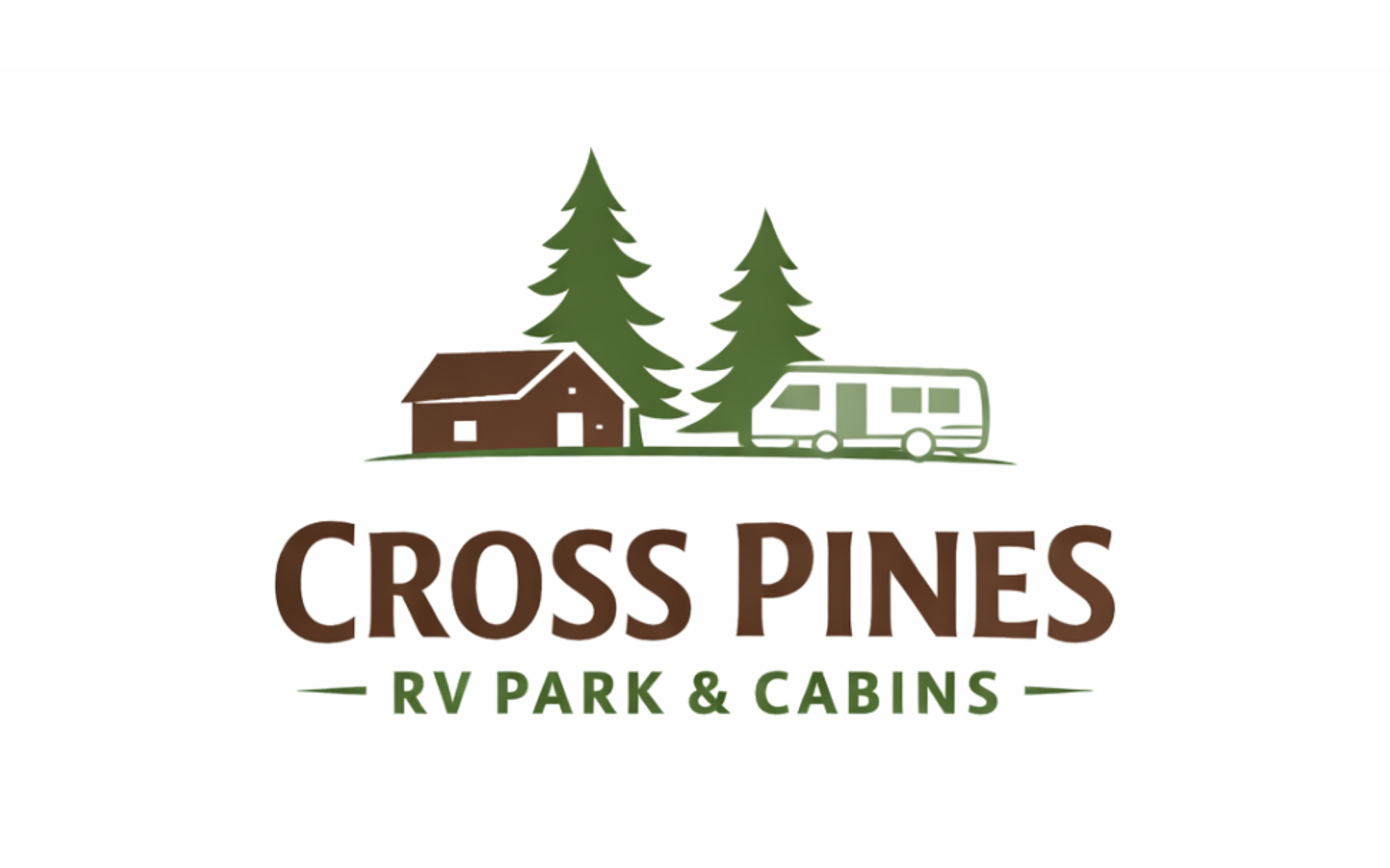 Logo for Cross Pines RV Park & Cabins featuring two pine trees, a cabin, and an RV trailer, with text in brown and green on a white background.