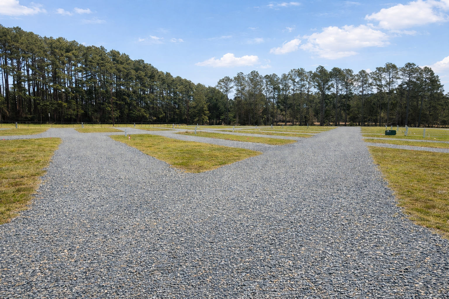A gravel road splits into multiple paths across a grassy area with tall trees lining the background under a partly cloudy sky.